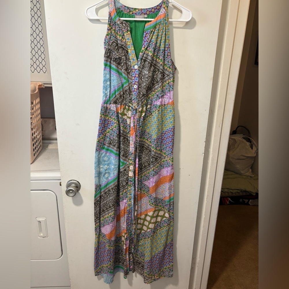 eShakti Patchwork Maxi Dress Boho Cotton Drawstring Lined Button Down Size M 10